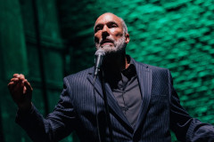 Roger Guenveur Smith, in a pinstriped suit, raises one hand at the microphone against a green-lit brick wall