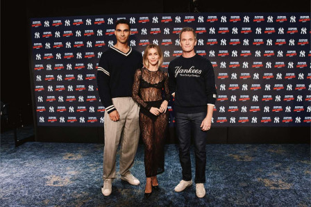 Austin Scott, Julianne Hough and Neil Patrick Harris at the Yankee Stadium announcement of Damn Yankees on Broadway. Photo by Emilio Madrid