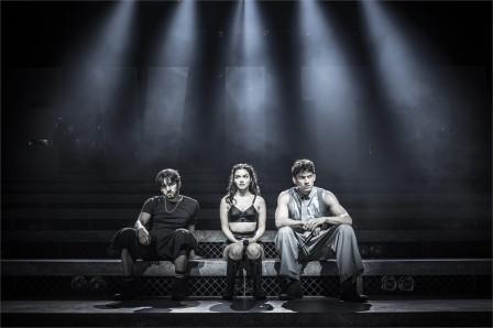 Diego Rodriguez as Che, Rachel Zegler as Eva Perón and James Olivas as Juan Perón in Evita. Photo by Marc Brenner
