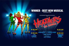 Heathers The Musical key art: the three Heathers in green, red and yellow blazers, holding croquet mallets