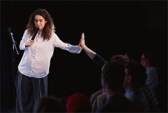 Rachel Kaly high-fives an audience member in Hospital Hour. Photo by Emilio Madrid