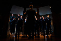 Jack D. Coen conducts the company of I Became We at Atlantic Theater Company. Photo by Ahron R. Foster