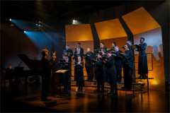 The choir of I Became We on stage at the Linda Gross Theater, Atlantic Theater Company. Photo by Ahron R. Foster