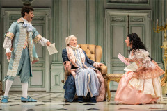 Daniel Croix Henderson, Bill Irwin and Ava Lalezarzadeh in The Imaginary Invalid at the Todd Haimes Theatre. Photo by Joan Marcus