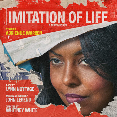 Key art for Imitation of Life: a woman in a wide white hat seen through a torn red poster carrying the show title and credits