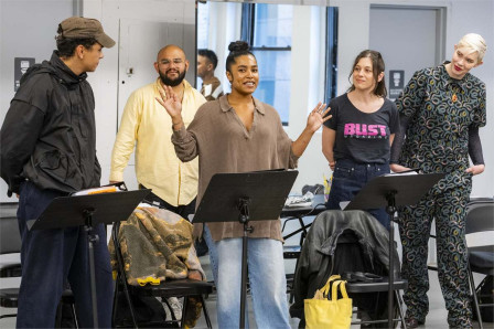 Justin Sudderth, Oscar Escobedo, Taylor Iman Jones, Gabi Carrubba and Amy Jo Jackson in rehearsal for The King’s Critique. Photo by Russ Rowland
