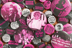 Key art for MS. BLAKK FOR PRESIDENT at Vineyard Theatre: 1992 campaign buttons for Joan Jett Blakk and Queer Nation Chicago