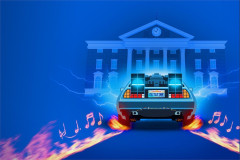 Back to the Future: The Musical artwork, the DeLorean outside the Hill Valley clock tower