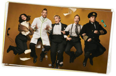 Operation Mincemeat key art: five members of the company leap mid-air in 1940s costume against a mustard backdrop. Photo by Matt Crockett