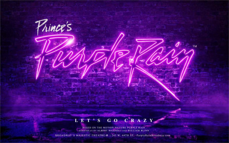 Key art for Prince’s Purple Rain on Broadway: the title in purple neon script on a wet brick wall