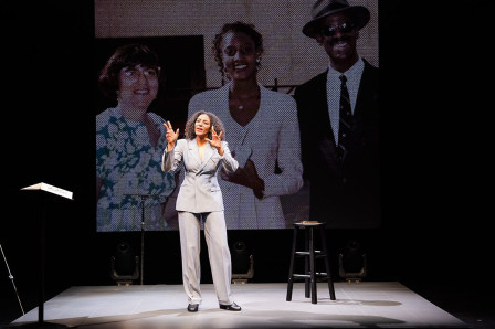 Sarah Jones in America, Who Hurt You? at the Polonsky Shakespeare Center. Photo by HanJie Chow