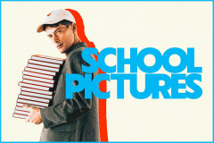 Key art for School Pictures at Cherry Lane Theatre, showing a figure in a cap carrying a stack of books