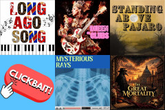 Artwork for six of the shows at Spark Musical Theatre Festival NYC: Long Ago Song, Queen of Clubs, Standing Above Pajaro, CLICKBAIT!, Mysterious Rays and The Great Mortality. Courtesy of Emerging Artists Theatre