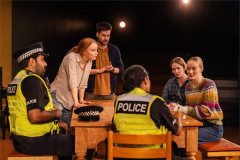 Jaspal Binning, Lauren Ambrose, Tom Riley, Brittany Bradford, Nina Ross and Elizabeth Yeoman in The Unbelievers at Manhattan Theatre Club. Photo by Matthew Murphy