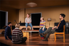 Hadi Tabbal, Nina Ross, Lauren Ambrose, Elizabeth Yeoman and Tom Riley in The Unbelievers at Manhattan Theatre Club. Photo by Matthew Murphy