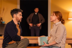 Tom Riley, Hadi Tabbal and Lauren Ambrose in The Unbelievers at Manhattan Theatre Club. Photo by Matthew Murphy