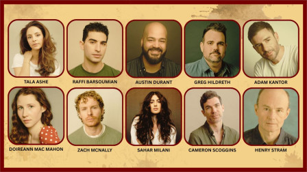 Classic Stage Company cast graphic for Waiting for Lefty: headshots of Tala Ashe, Raffi Barsoumian, Austin Durant, Greg Hildreth, Adam Kantor, Doireann Mac Mahon, Zach McNally, Sahar Milani, Cameron Scoggins and Henry Stram