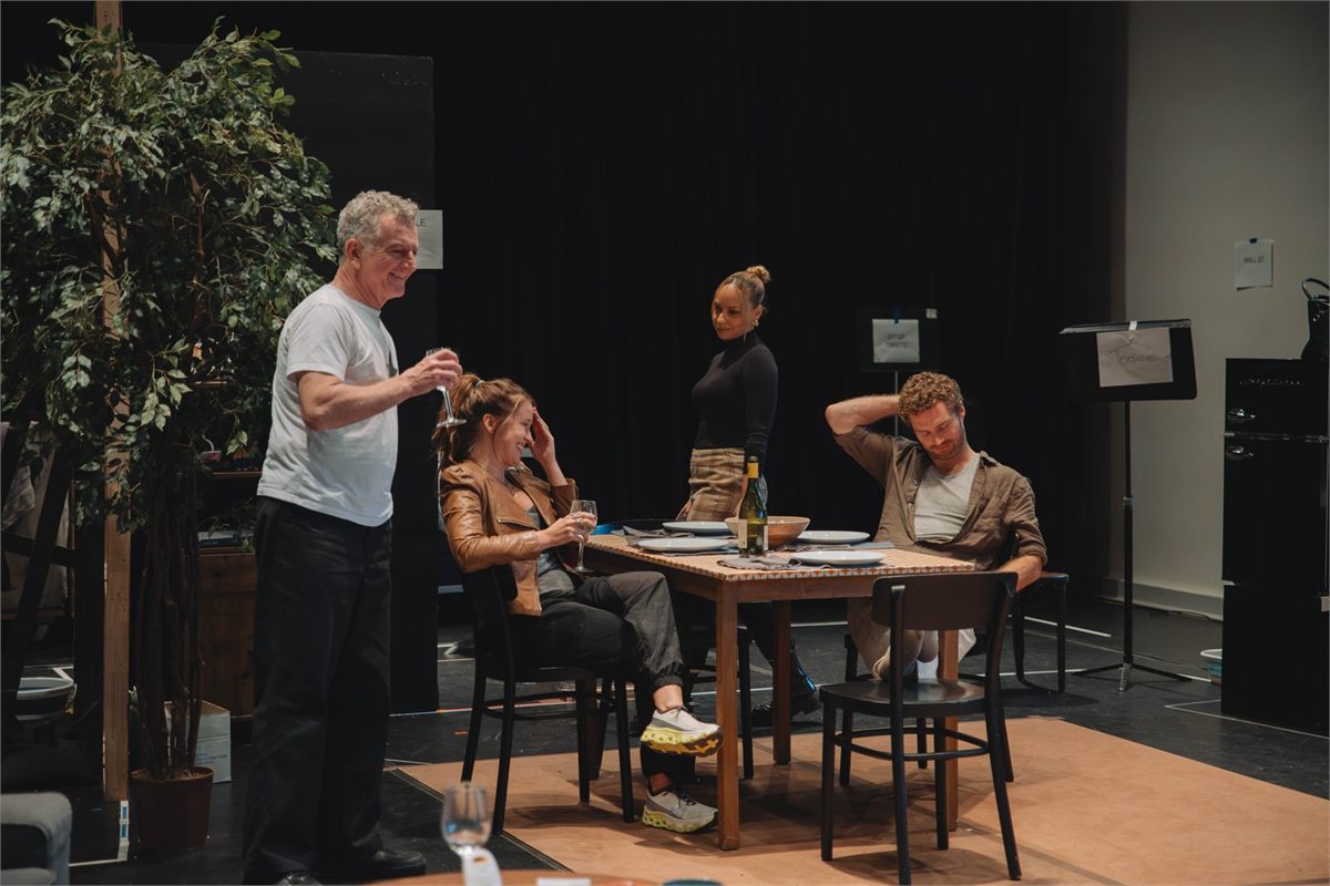 Martin Marquez, Anna Camp, Jasmine Cephas Jones and Finn Jones in rehearsal for 2:22 – A Ghost Story. Photo by Langley Hayman