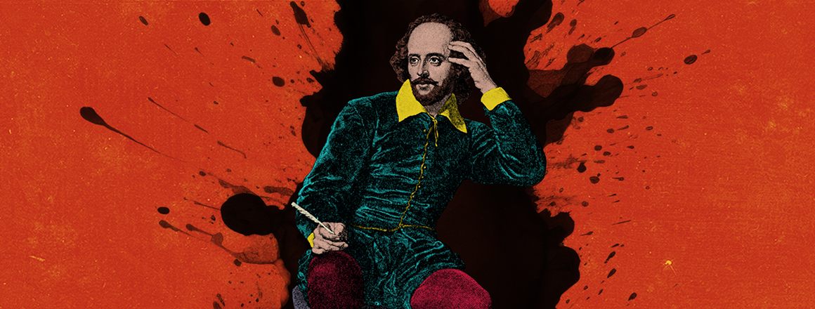 Key art for Red Bull Theater's God's Spies at 59E59 Theaters, showing Shakespeare against a splash of black ink