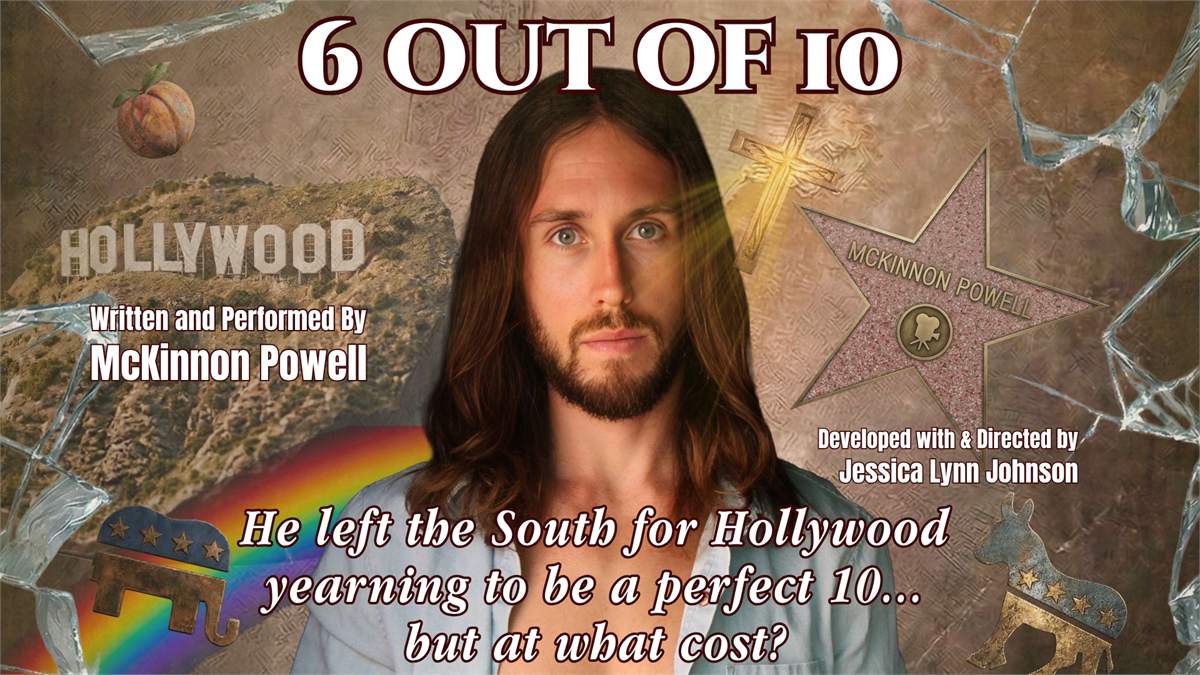 Key art for 6 Out of 10, with McKinnon Powell between the Hollywood sign and a Walk of Fame star bearing his name, framed by a gold cross and cracked glass