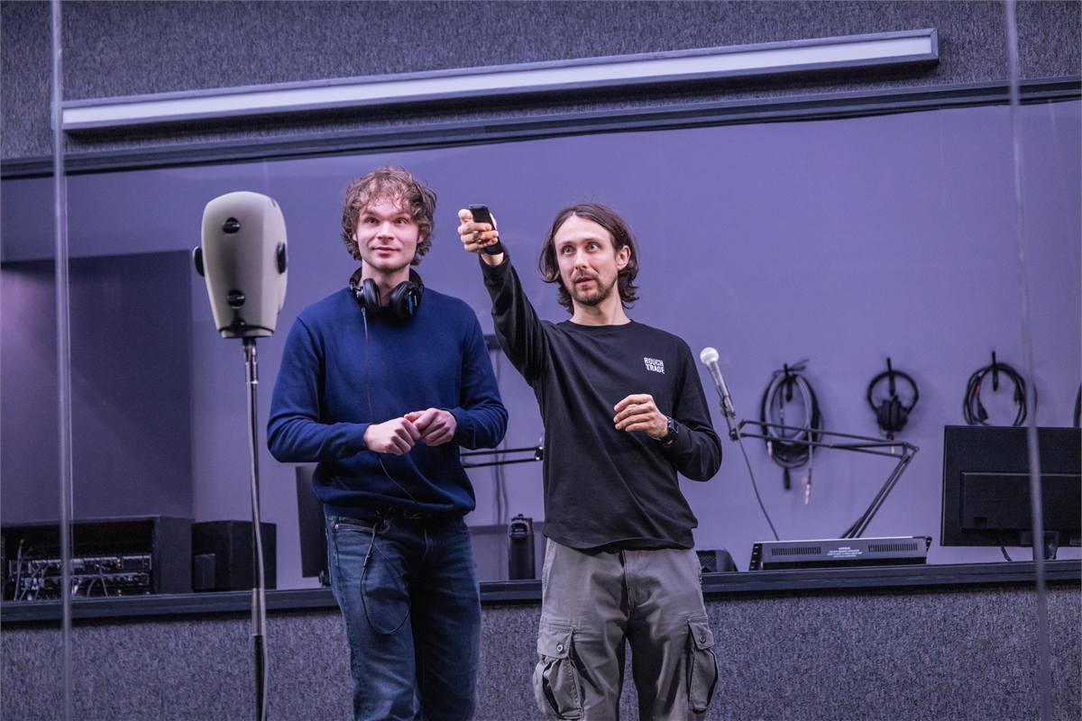 Lucas Iverson and Owen Campbell in A Ghost in Your Ear at Audible’s Minetta Lane Theatre. Photo by Matthew Murphy