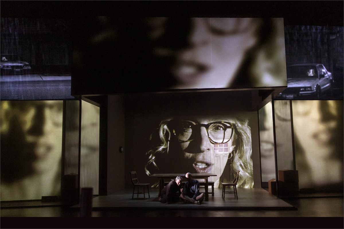Crystal Finn’s face fills the projections in the fantasy sequence of Anon at MCC Theater