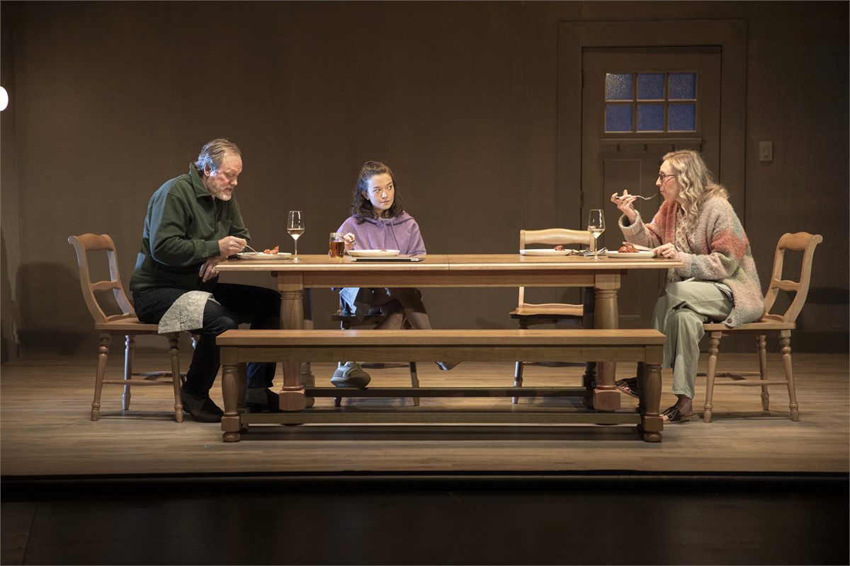 Andrew Garman, Izabel Mar and Crystal Finn at the dinner table in Anon at MCC Theater