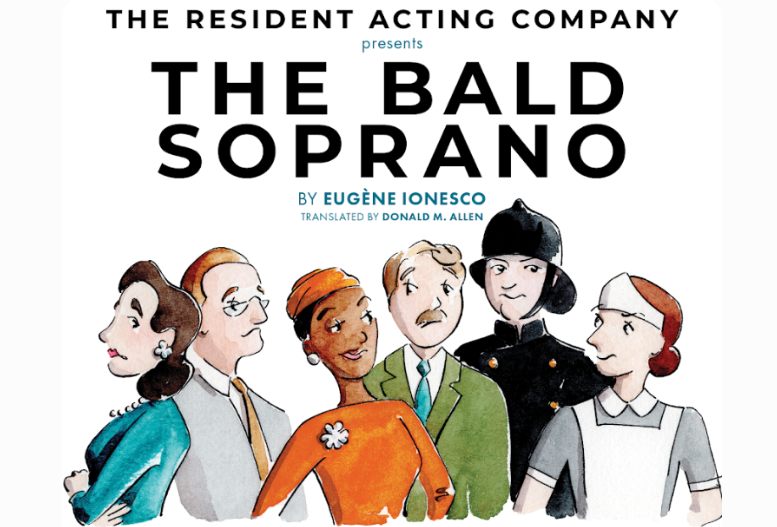 Illustrated key art for The Bald Soprano by Eugène Ionesco, presented by the Resident Acting Company