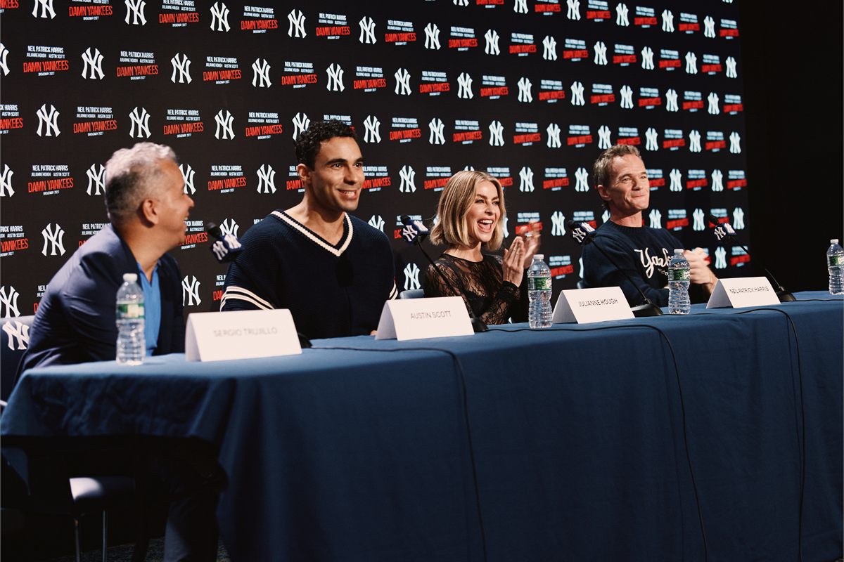 Sergio Trujillo, Austin Scott, Julianne Hough and Neil Patrick Harris on the announcement panel at Yankee Stadium. Photo by Emilio Madrid Sergio Trujillo, Austin Scott, Julianne Hough and Neil Patrick Harris on the announcement panel at Yankee Stadium. Photo by Emilio Madrid