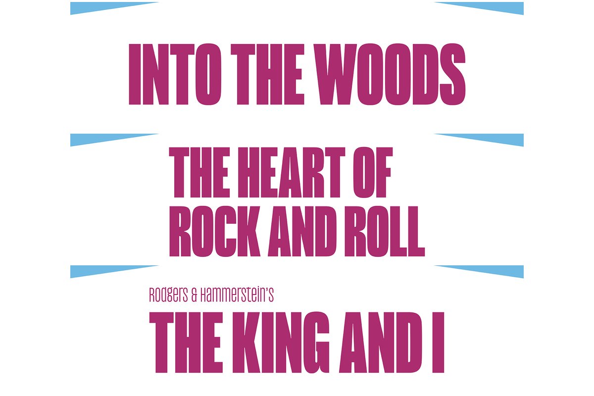 Title art for Goodspeed Musicals' 2027 season: Into the Woods, The Heart of Rock and Roll and The King and I