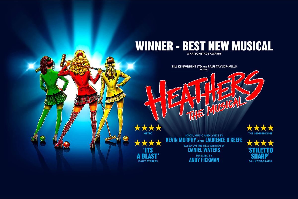 Heathers The Musical key art: the three Heathers in green, red and yellow blazers, holding croquet mallets