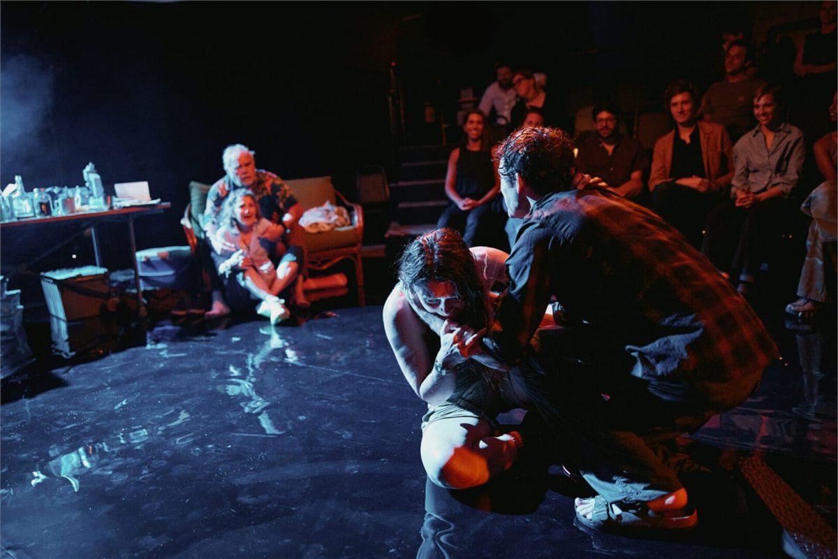 The cast of Human Things in the storm-wrecked second act at the West End Theatre. Photo by Emilio Madrid The cast of Human Things in the storm-wrecked second act at the West End Theatre. Photo by Emilio Madrid