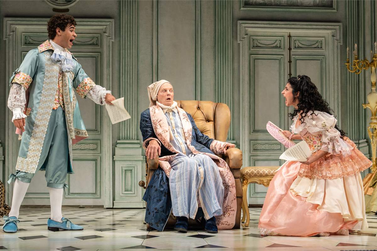Daniel Croix Henderson, Bill Irwin and Ava Lalezarzadeh in The Imaginary Invalid at the Todd Haimes Theatre. Photo by Joan Marcus