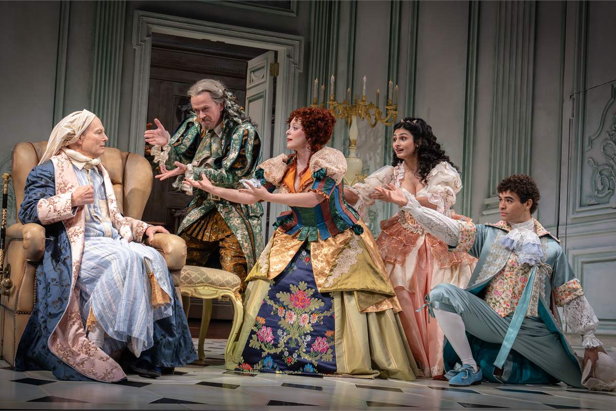 Bill Irwin, Dylan Baker, Rachel Bloom, Ava Lalezarzadeh and Daniel Croix Henderson in The Imaginary Invalid at the Todd Haimes Theatre. Photo by Joan Marcus