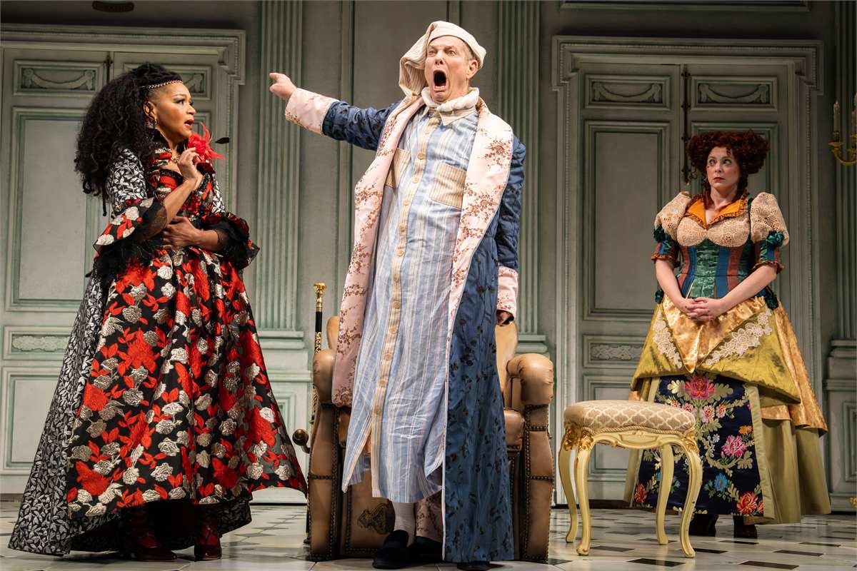 Crystal A. Dickinson, Bill Irwin and Rachel Bloom in The Imaginary Invalid at the Todd Haimes Theatre. Photo by Joan Marcus
