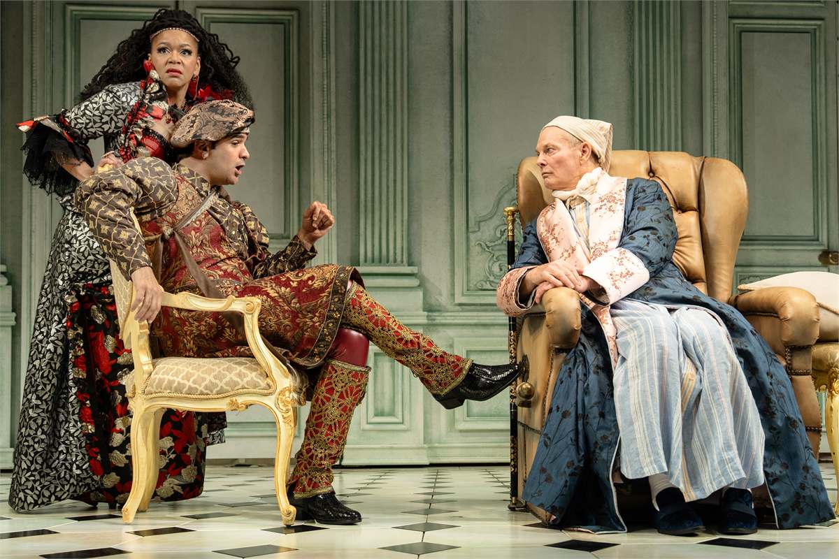 Crystal A. Dickinson, Hiram Delgado and Bill Irwin in The Imaginary Invalid at the Todd Haimes Theatre. Photo by Joan Marcus