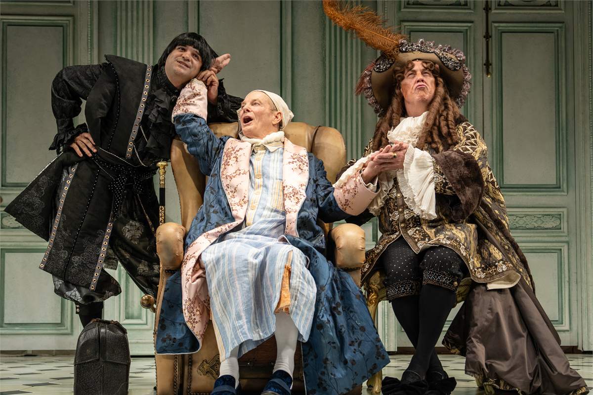 Hiram Delgado, Bill Irwin and Brooks Ashmanskas in The Imaginary Invalid at the Todd Haimes Theatre. Photo by Joan Marcus