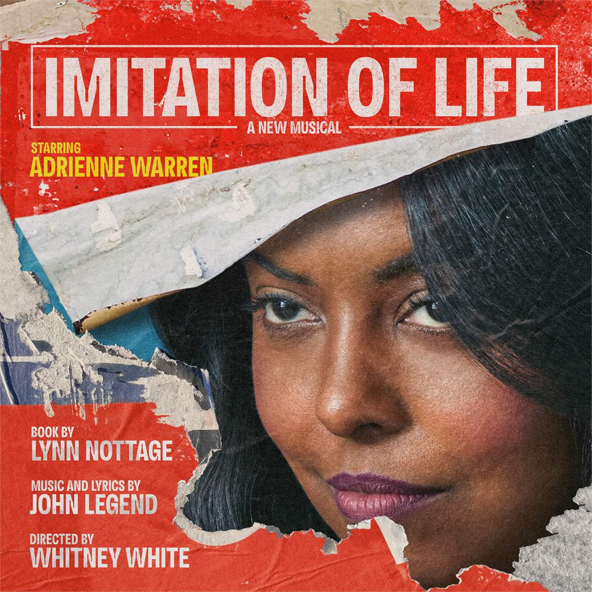 Key art for Imitation of Life: a woman in a wide white hat seen through a torn red poster carrying the show title and credits