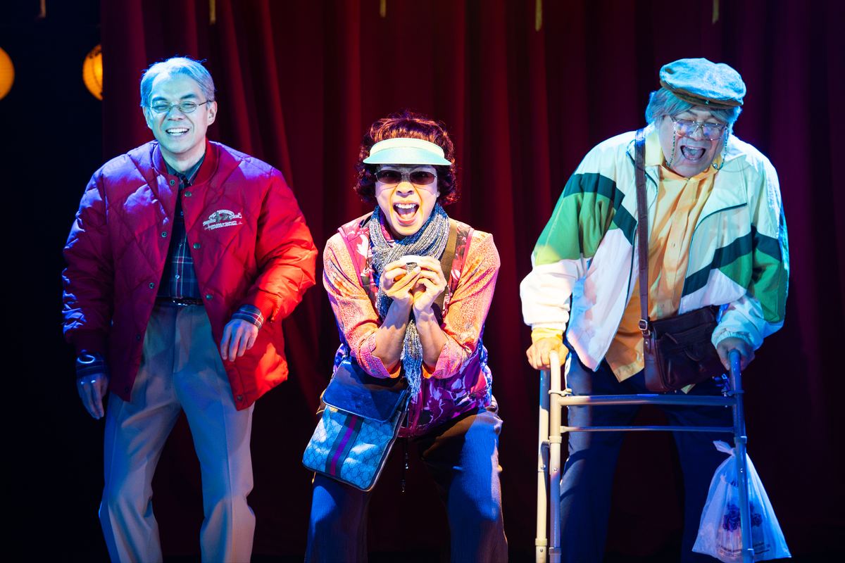 The ensemble as the Lum Elders in King of the Yees at Signature Theatre. Photo by HanJie Chow