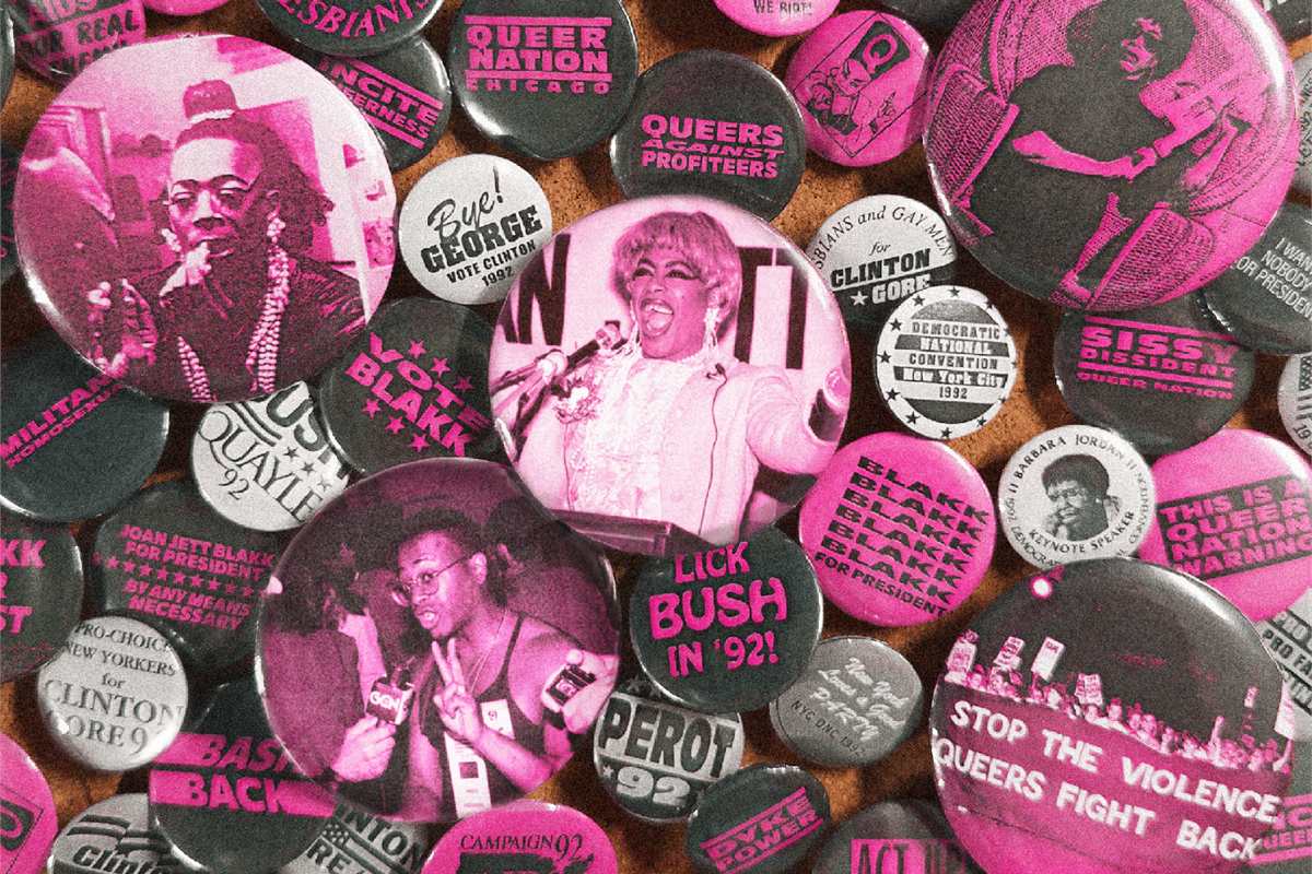 Key art for MS. BLAKK FOR PRESIDENT at Vineyard Theatre: 1992 campaign buttons for Joan Jett Blakk and Queer Nation Chicago