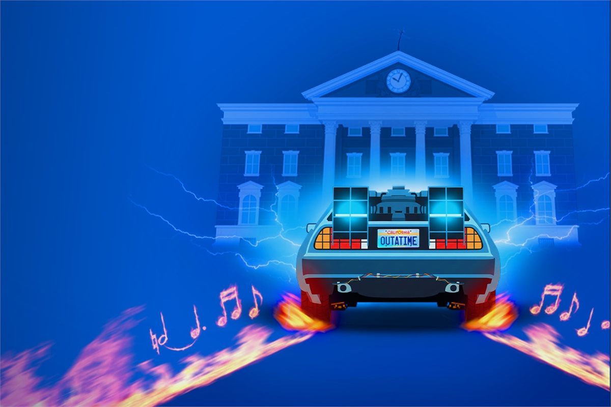 Back to the Future: The Musical artwork, the DeLorean outside the Hill Valley clock tower