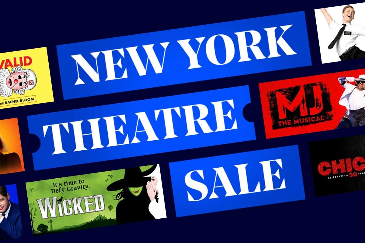 New York Theatre Sale key art: the sale name across blue ticket shapes on a navy background, framed by artwork for Wicked, MJ The Musical, Chicago, The Book of Mormon and The Imaginary Invalid