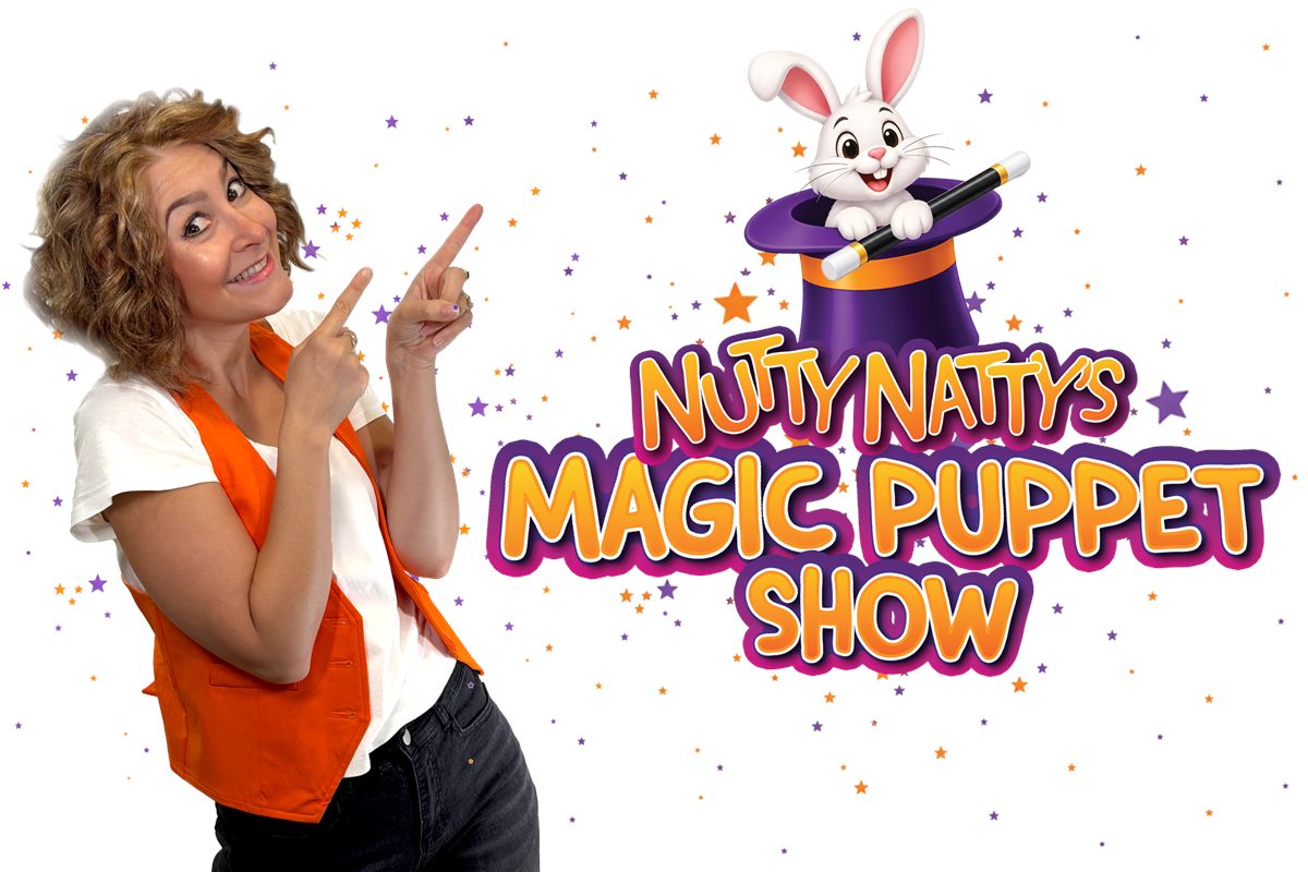 Natalie Love as Nutty Natty beside the Nutty Natty’s Magic Puppet Show title art
