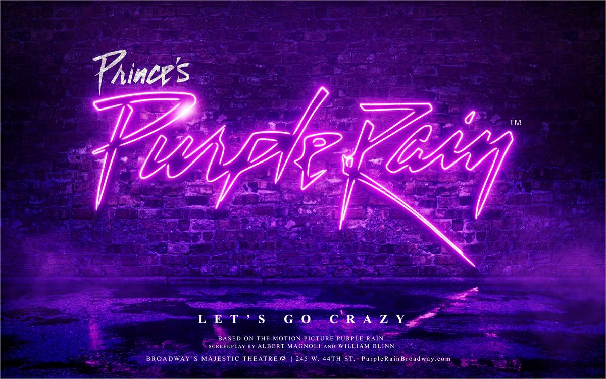 Key art for Prince’s Purple Rain on Broadway: the title in purple neon script on a wet brick wall