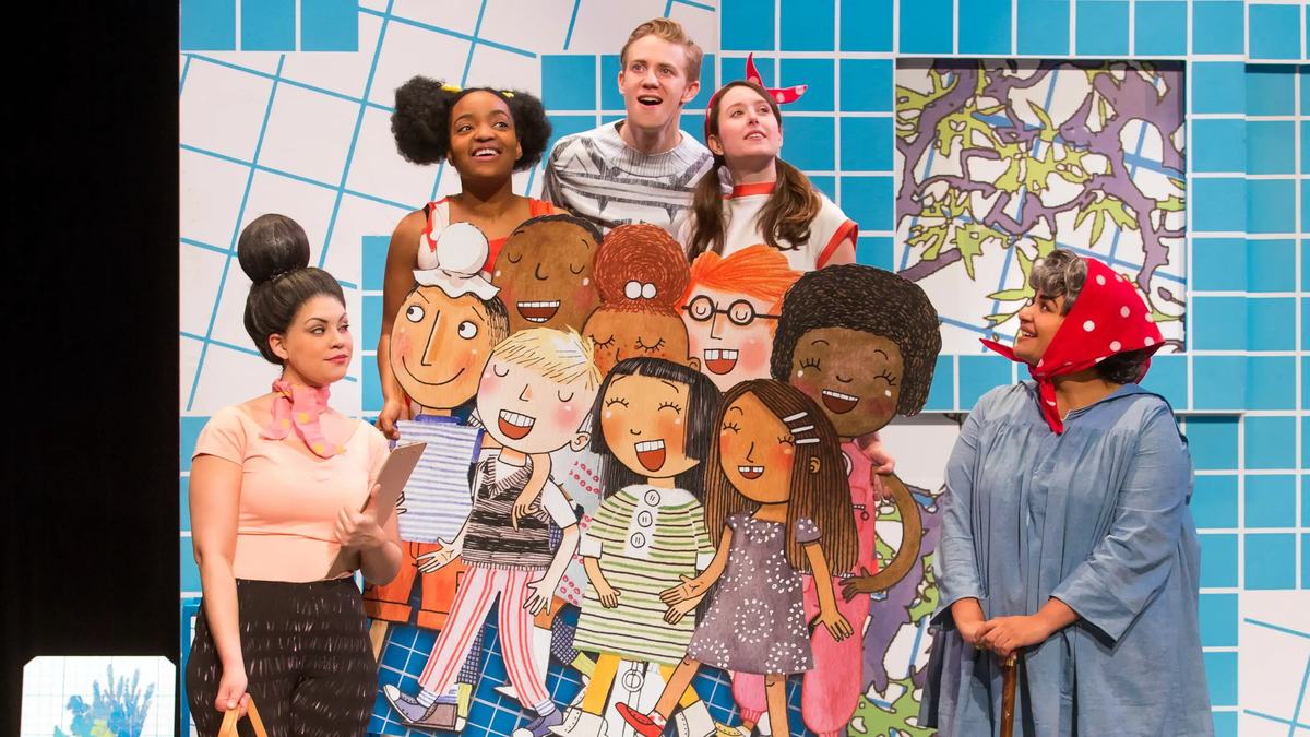 Jenna Perez, Kalilah Black, Kyle Sherman, Daisy Carnelia and Kiani Nelson in a TheaterWorksUSA staging of the Questioneers musical. Photo by Jeremy Daniel