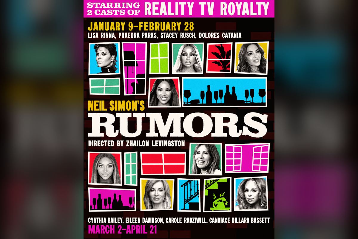 Key art for Neil Simon’s Rumors, directed by Zhailon Levingston, with two casts of Real Housewives stars