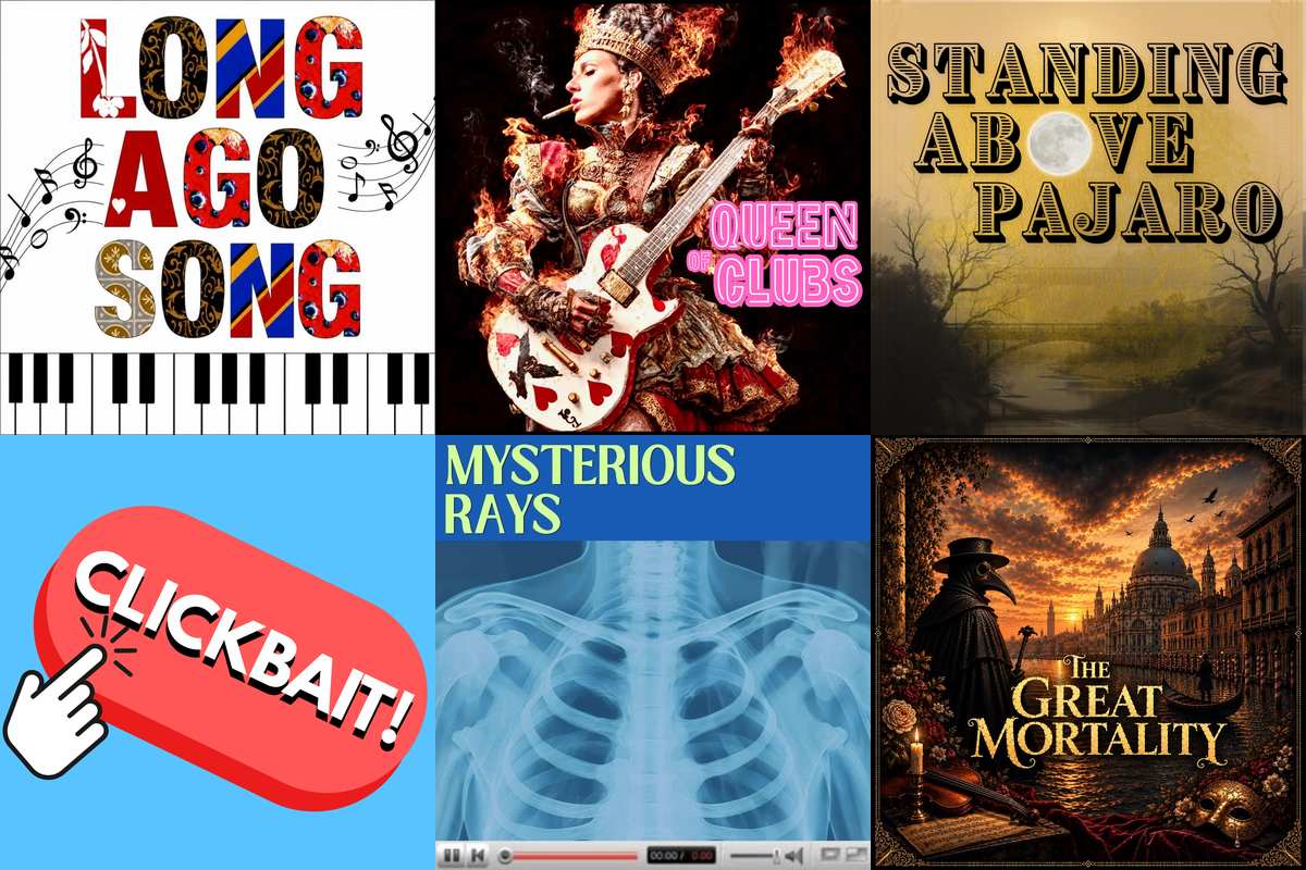 Artwork for six of the shows at Spark Musical Theatre Festival NYC: Long Ago Song, Queen of Clubs, Standing Above Pajaro, CLICKBAIT!, Mysterious Rays and The Great Mortality. Courtesy of Emerging Artists Theatre