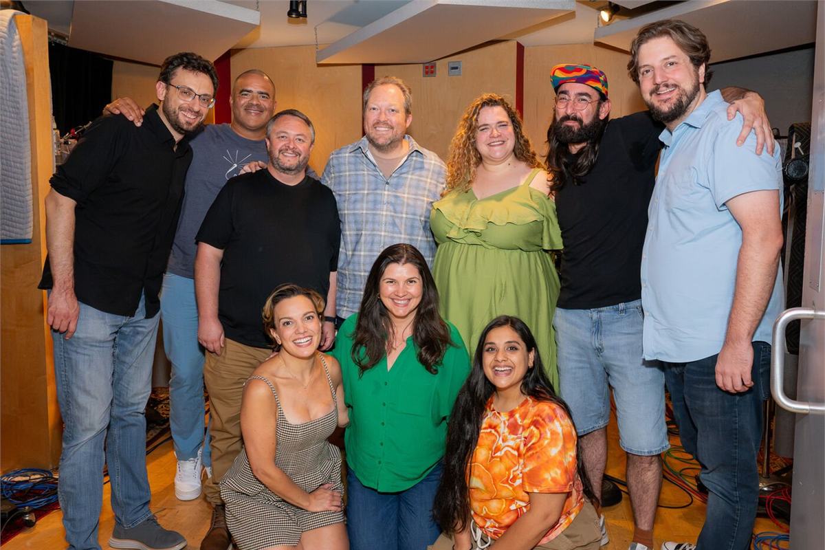The company of the That Parenting Musical studio cast album in the recording studio. Photo by Alexander Rivero Photography