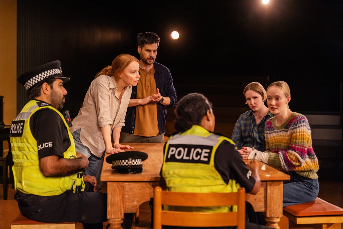 Jaspal Binning, Lauren Ambrose, Tom Riley, Brittany Bradford, Nina Ross and Elizabeth Yeoman in The Unbelievers at Manhattan Theatre Club. Photo by Matthew Murphy