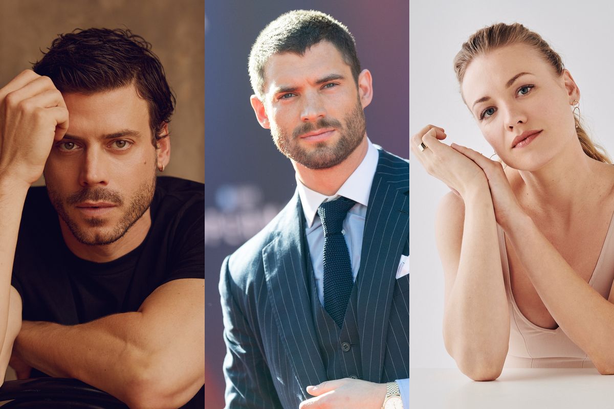 François Arnaud, David Corenswet and Yvonne Strahovski, who star in Three Days of Rain on Broadway. Photos by David Urbanke, Matt Winkelmeyer and Peter Yang